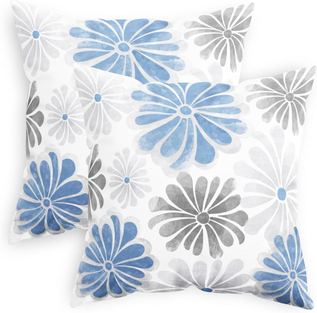 CaliTime Throw Pillow Cases Pack of 2 Cozy Fleece Two-Tone Blooming Flowers Decorative Cushion Covers for Couch Bed Sofa Farmhouse Decoration 18 X 18 Inches Blue Grey (18" x 18" (Pack of 2))