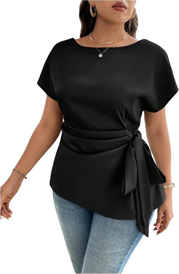 Floerns Women's Plus Size Asymmetrical Pleated Short Sleeve Belted Blouse
Crew Neck, Tops, Plus Size Evening Tops, Ruched, Side Tie Tops, Dressy Tops for Women (Black, XXXL)