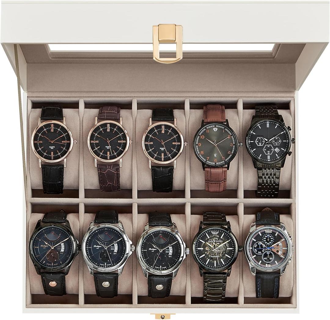 SONGMICS Watch Box, 10-Slot Watch Case Organizer with Large Glass Lid, Removable Pillows, Gift for Loved Ones, Cloud White Synthetic Leather, Cappuccino Beige Lining UJWB010W01
