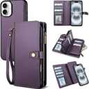 TwoHead Wallet Case Compatible with iPhone 16,Detachable Magnetic Phone Case,PU Leather All-Round Protective Cover Wallet with Card Holder/Change Pocket,6.1 in,Deep Purple