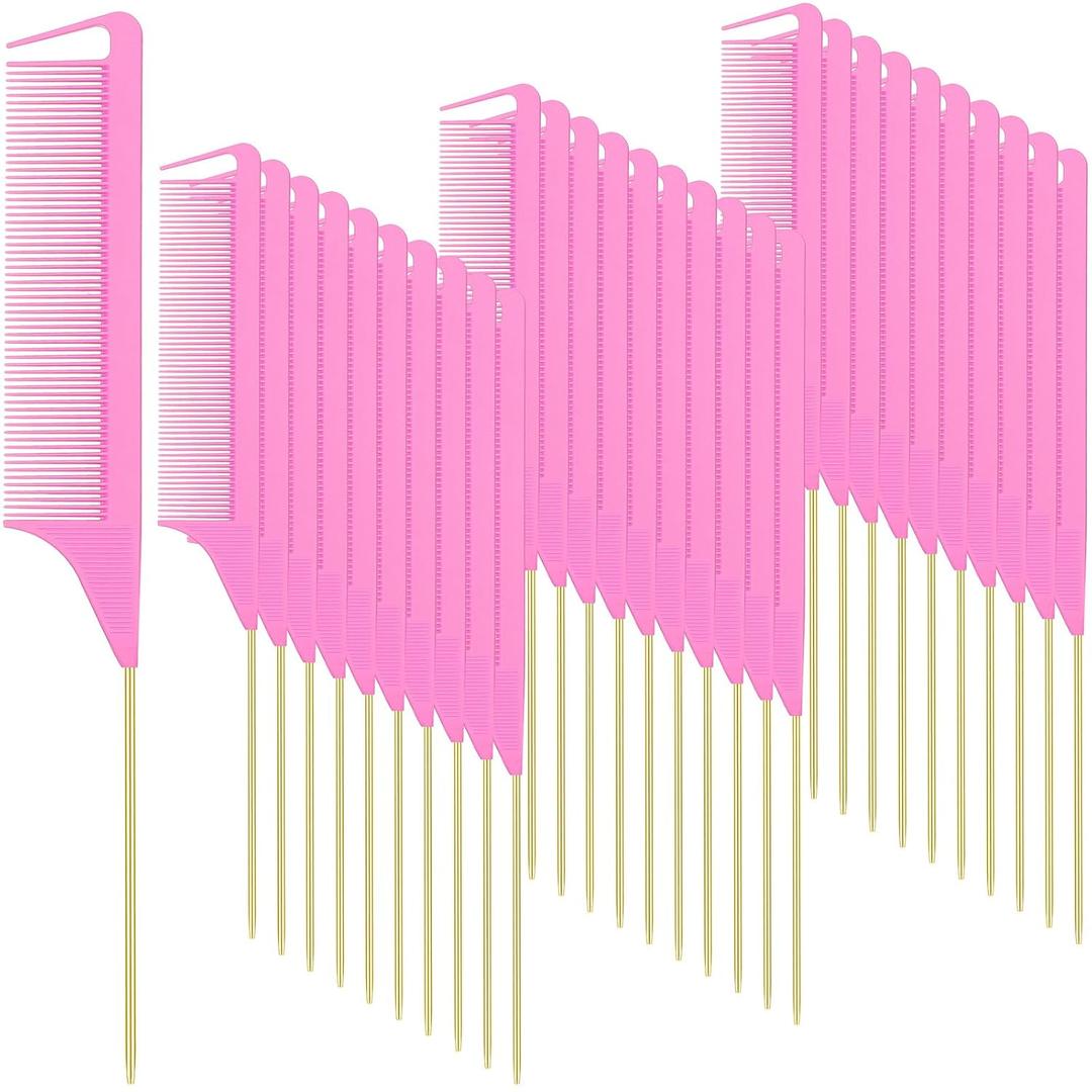 Patelai 30 Pcs Rat Tail Combs Bulk Steel Pin Rat Tail Carbon Fiber Heat Resistant Teasing Combs Fine Tooth Pintail Braiding Hair Tools for Stylists Salon Sectioning Detangling(Pink and Gold)
