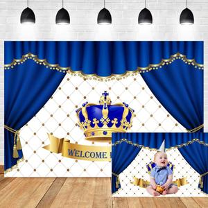 7x5ft Baby Shower Backdrop Welcome Prince Navy Blue Crown Grid Curtain Royal Luxury Photography Background Baby Shower Gender Reveal Newborn Announce Party Banner Photo Booth Props
