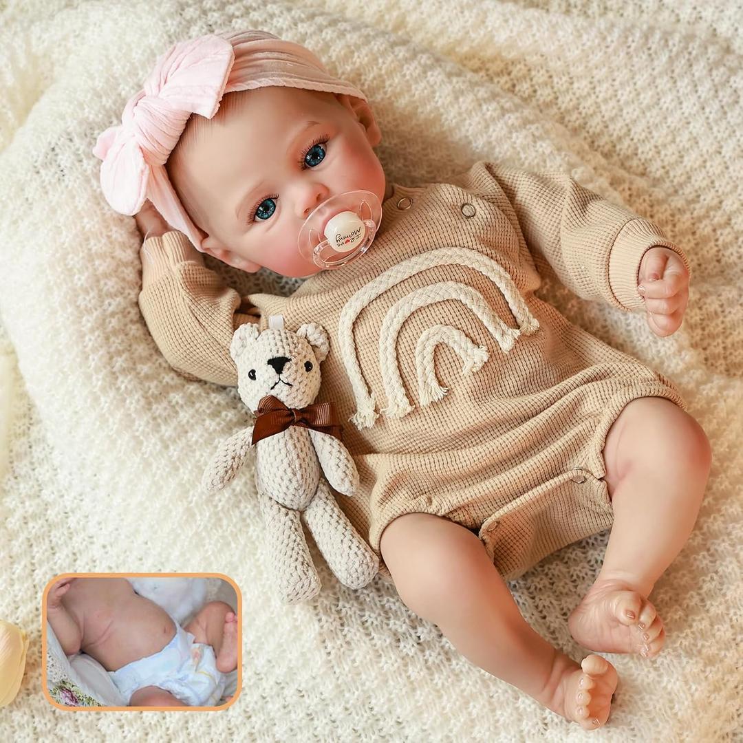 Pinky Reborn Blue Eyes 19 Inch 48 cm Lifelike Baby Dolls Girl Dolls That Look Real Feeling Realistic with Soft Full Body Baby Doll Birthday with Hair Toys for Age 3+