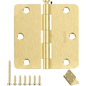 AmzGod Door Hinges Satin Brass - 30 Pack Gold Door Hinges 3.5 Inch Rounded Interior Door Hinge with 1/ 4" Radius - 3 1/ 2 Inches Flat Iron Brass Hinges for Residential Standard Doors