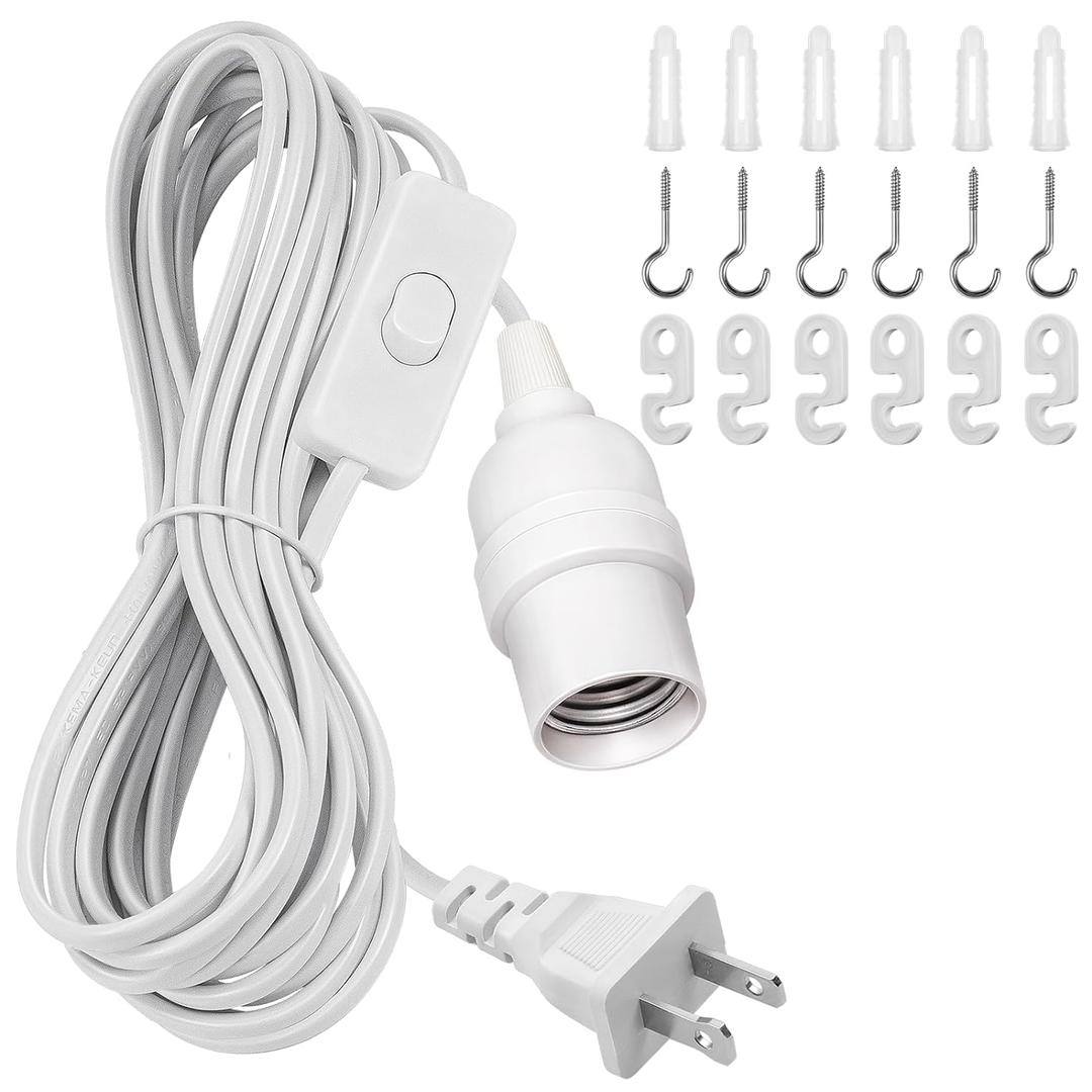 DiCUNO Hanging Lantern Extension Cord Cable, E26 Pendant Light Socket On Off Inline Cord Switch Control Lamp, Switch Close to Polarized Plug, 20 Feet (6M), White, 1-Pack