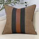 2 Packs Yangest Patchwork Pillow Cover 18x18 Inch Luxury Cotton and Linen Cushion Cover Faux Leather Pillowcover for Couch Bedroom Living Room, Brown