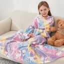 Softan Kids Snuggies Wearable Fleece Blanket with Sleeves & Foot Pocket for Kids Girls Boys, Lightweight Soft Blanket,Glow in the dark Rainbow Unicorn