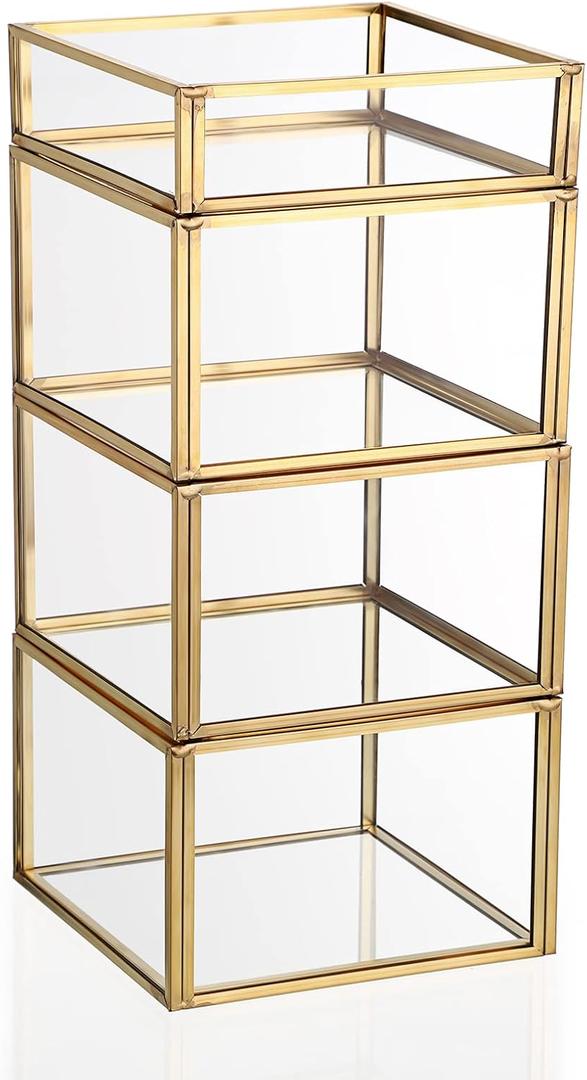 Hipiwe 4-Tiered Gold Glass Jewelry Box Stackable Trinket Organizer Decorative Glass Box Q-tip Holder Cotton Ball and Swab Storage Holder for Bathroom Dresser Office Countertop