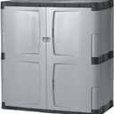 Rubbermaid Freestanding Storage Cabinet with Doors 18"D x 36"W x 37"H Medium Gray/Black Two-Shelf Lockable Cabinet for Indoor/Outdoor/Garage Storage for Garden Tools/Lawn Care Accessories