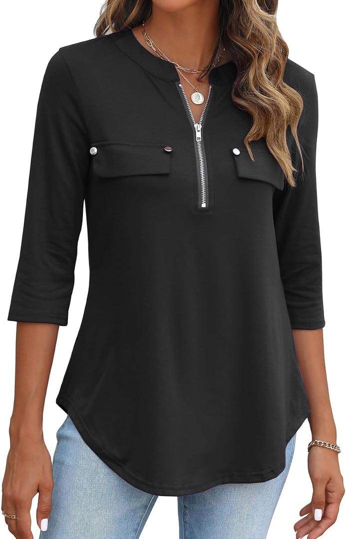 Halife Women's 3/4 Length Sleeve V Neck Flowy Tunic Blouses Work Tops Shirts with Zippers XXL