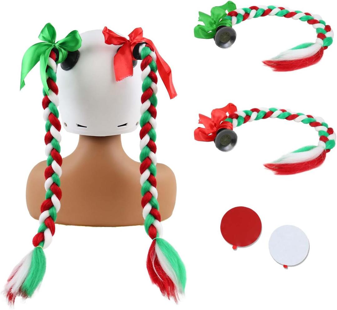 5 x Holiday Color 2 Psc Pigtail with Detachable Suction Cup Motorcycle Ponytail Bicycle Braids Hair Tails for Any Decorations Christmas