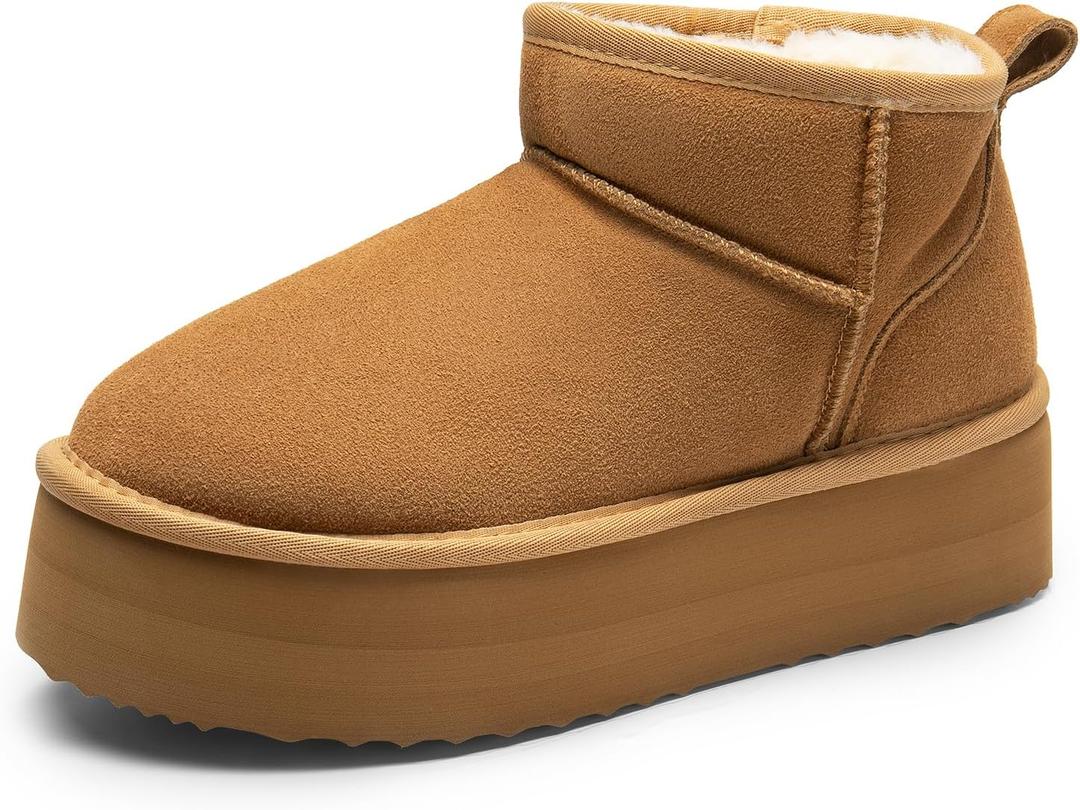 DREAM PAIRS FuzzyClassic Platform Mini Boots for Women Suede Genuine Leather, Classic Winter Ankle Snow Boots with Memory Foam Insole Lightweight Anti-Slip Outsole Outdoor (8.5, Chestnut)