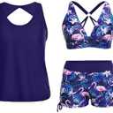 Yonique 3 Piece Tankini Swimsuits for Women Swim Tank Top Bathing Suits with Boy Shorts and Bra Athletic Swimwear M