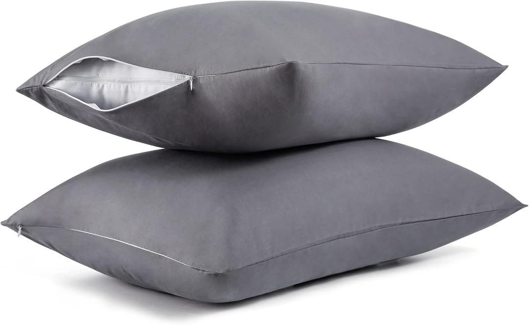 Cotton Pillow Protectors/Cases Queen Size with Zipper 2 Pack Grey Color,Cooling & Breathable Bed Pillow Protectors Set of 2 Pillow Cases Cover (Queen Size 20" x 30")