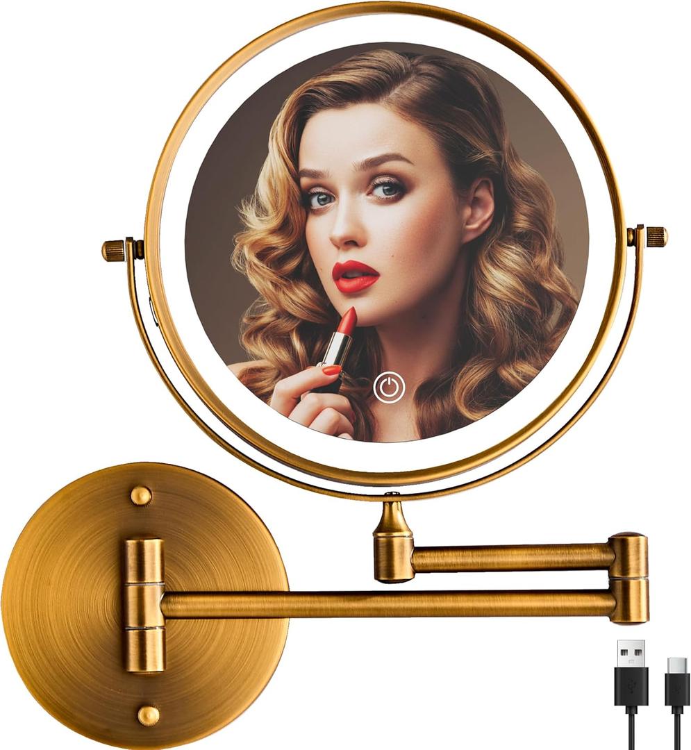 Rechargeable Wall Mounted Lighted Makeup Vanity Mirror 8 Inch Double Sided 1X 10X Magnifying for Bathroom, 3 Color Lighting, Touch Screen, 360 Rotation Shaving Brushed Antique Brass