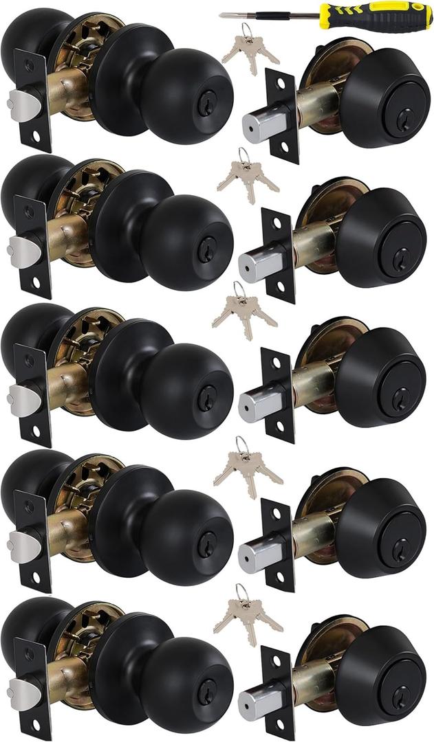 Lanwandeng (5 Sets) All Keyed Same Entry Door Knob and Single Cylinder Deadbolt Combo Set, Matte Black Exterior Door Knobs with Lock and Keys for Entrance and Front Door