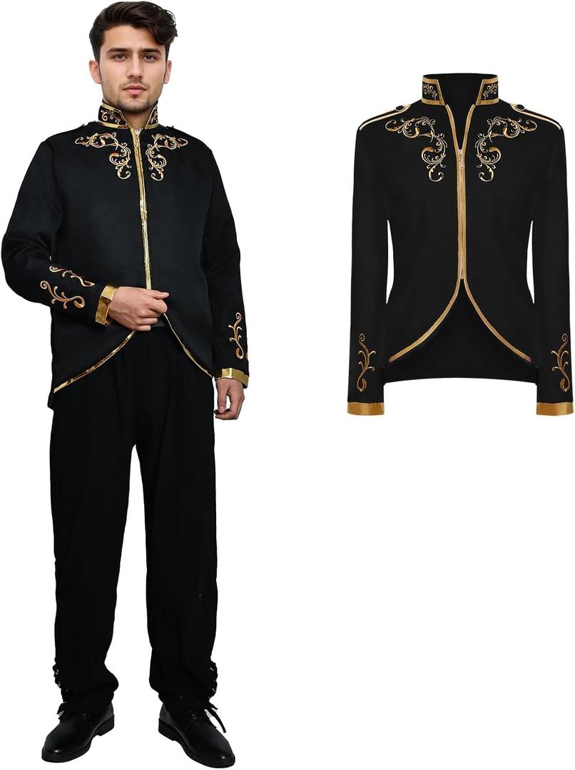 Prince Jacket for Men, Court Fashion Prince Uniform Gold Embroidered Suit Jacket Medieval Costume Halloween Cosplay (Black, XXXL)