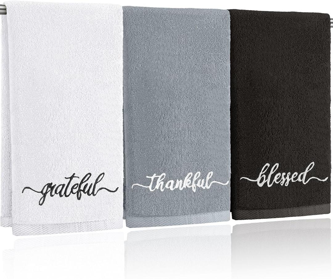 SmoothNovelty 3 Pcs Black White and Gray Fingertip Towels 100% Cotton Fall Farmhouse Bathroom Hand Towels 12 x 18 in Decorative Embroidery Blessed Thankful Grateful for Thanksgiving Gift Home Decor