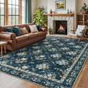 Lessymo Floral Living Room Rug 8x10 Area Rugs, Vintage Washable Rugs for Dining Room Bedroom, Low Pile Non Slip Rubber Mat, Distressed Indoor Boho Carpet, Navy/Beige