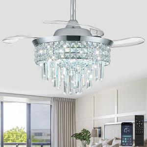 36" Modern Crystal Fandelier Ceiling Fan with Light, Dimmable LED APP Control & 3-Color Temperature, Retractable Blades Remote Chandelier for Bedroom Living Room (DC Motor, Memory Function) (9306-Chrome)