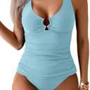 Eomenie Women's Tankini Swimsuit Two Piece Tummy Control Bathing Suit V Neck Ring Linked Swimwear with High Waisted Bottoms Small