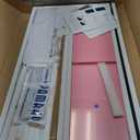 Pamray 58 Inch Computer Desk with Monitor Stand and Shelves Gaming Desk with LED Lights & Power Outlets PC Vanity Table with 2 Drawers for Home Office Pink