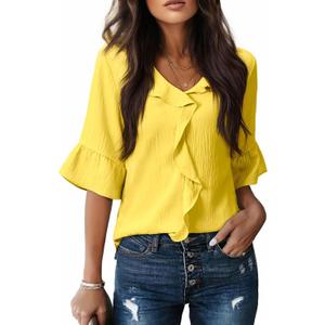 siliteelon Yellow Tops for Women 3/4 Sleeve Ruffle Bell Blouse Dressy Casual Ladies Vacation Sping Summer Outfits 2026 Yellow 2XL 