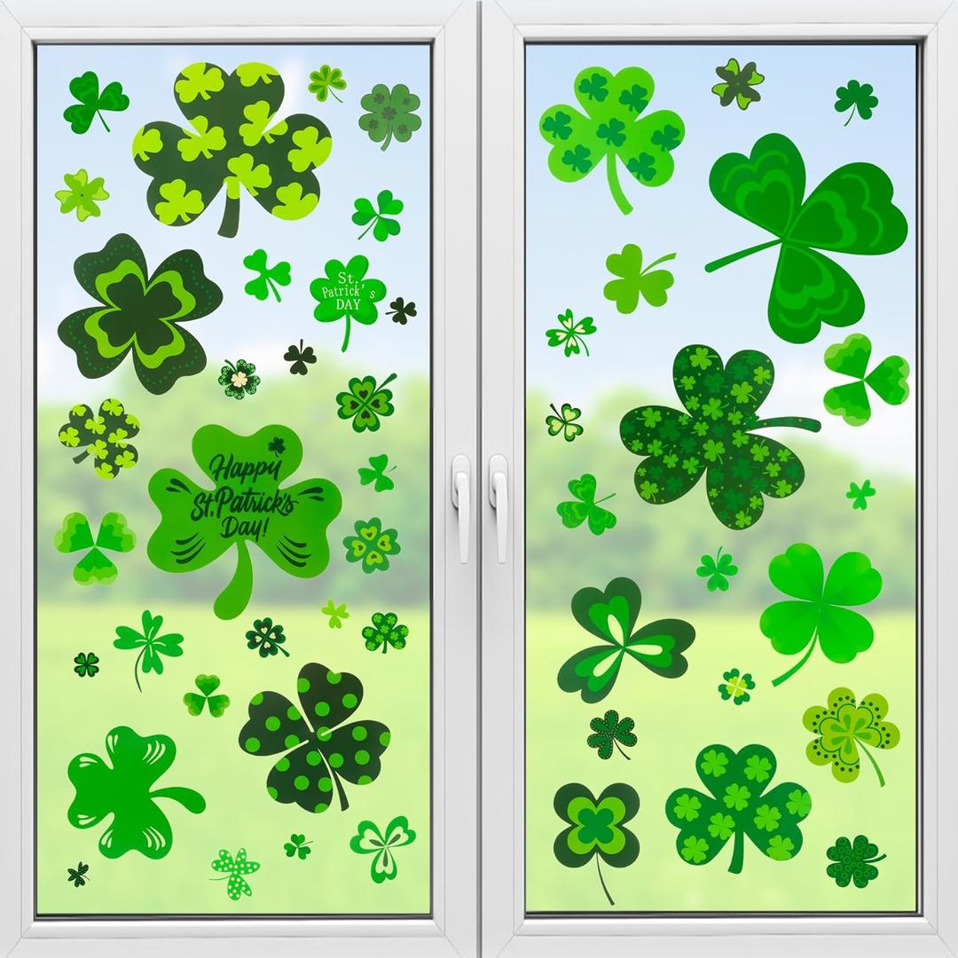 St Patricks Day Window Clings, 117 Pieces Reusable Shamrock Window Stickers, Double-Sided Printed Static Spring Window Decals for St Patricks Day Decorations
