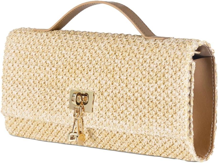 Straw Evening Clutch Purse Woven Envelope Cross-body Bag Women Travel Chain Purse Square Top-Handle Bag for Party Wedding (Khaki)