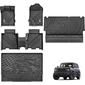 3W Ford Bronco Floor Mats & Cargo Liner & Back Seat Cover Custom Fit for 2021 2022 2023 2024 2025 Bronco 4 Door All Weather Custom Fit Ford Bronco Accessories (Not for Sport & Rubberized Floor)