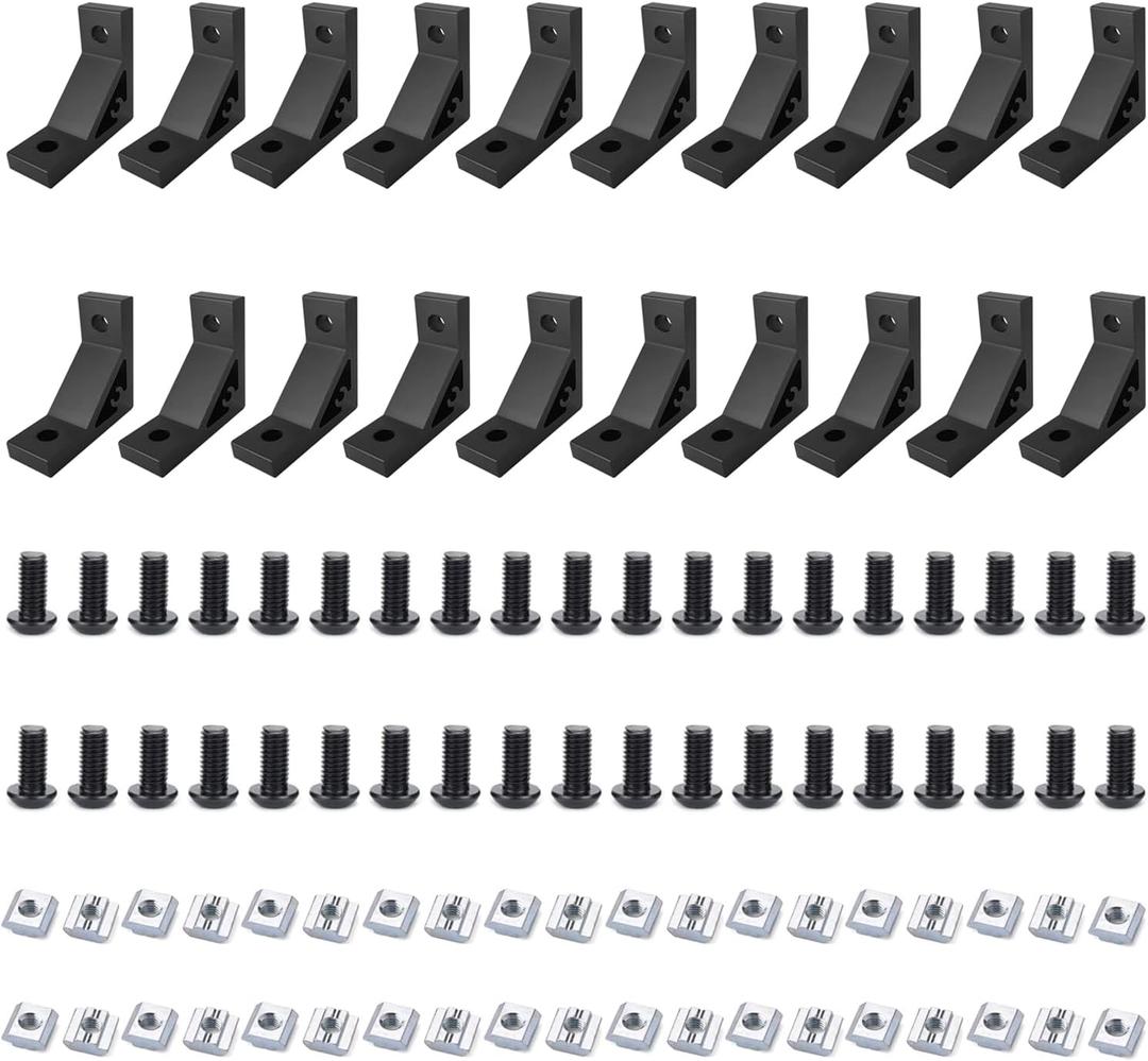 20 Sets Heavy Duty 2020 Aluminum Extrusion Corner Bracket 20 Series V T Slot Hardware L Angle Connector with Slide Nut Bolts Screw for 2020 8020 2040 Extruded Aluminum Profile