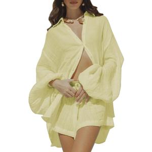 Fixmatti Women 2 Piece Outfits Summer Shorts Sets Lantern Sleeve Button Down Shirt and Shorts Sweatsuit (Medium, Beige)