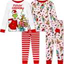 Dr. Seuss The Grinch Christmas Pajamas 4 Piece Set - Holiday Sleepwear Long Sleeve & Pants, Matching Kids Boys Girls PJ Set (12 Months, Pink-white)