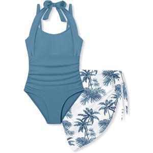 Girls Swimsuit Halter Neck One Piece Bathing Suit with Tropical Printed Cover Up Skirt Girls' Swimwear Set 7-18Y (13-14 Years, Dark Blue-1)