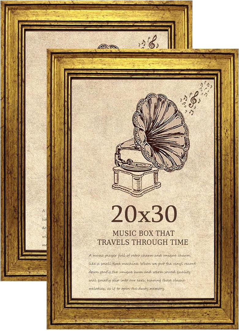 20x30 Picture Frame with Real Glass set of 2, Vintage Frames - Antique Style Frames for Wall - Ornate Frame for Rustic Gold Office or Home Decor Display Family Friends Wedding Gift, 20x30in