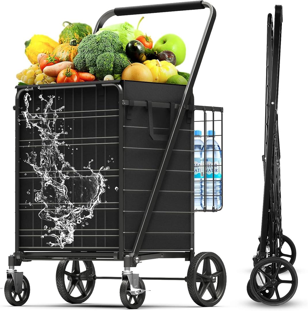 5.0 Cu Ft Folding Shopping Cart - 480 LB Capacity Grocery Cart with 360 Braked Swivel Wheels - Heavy Duty Utility Cart with Double Basket & Removable Waterproof Liner with Lid for Laundry