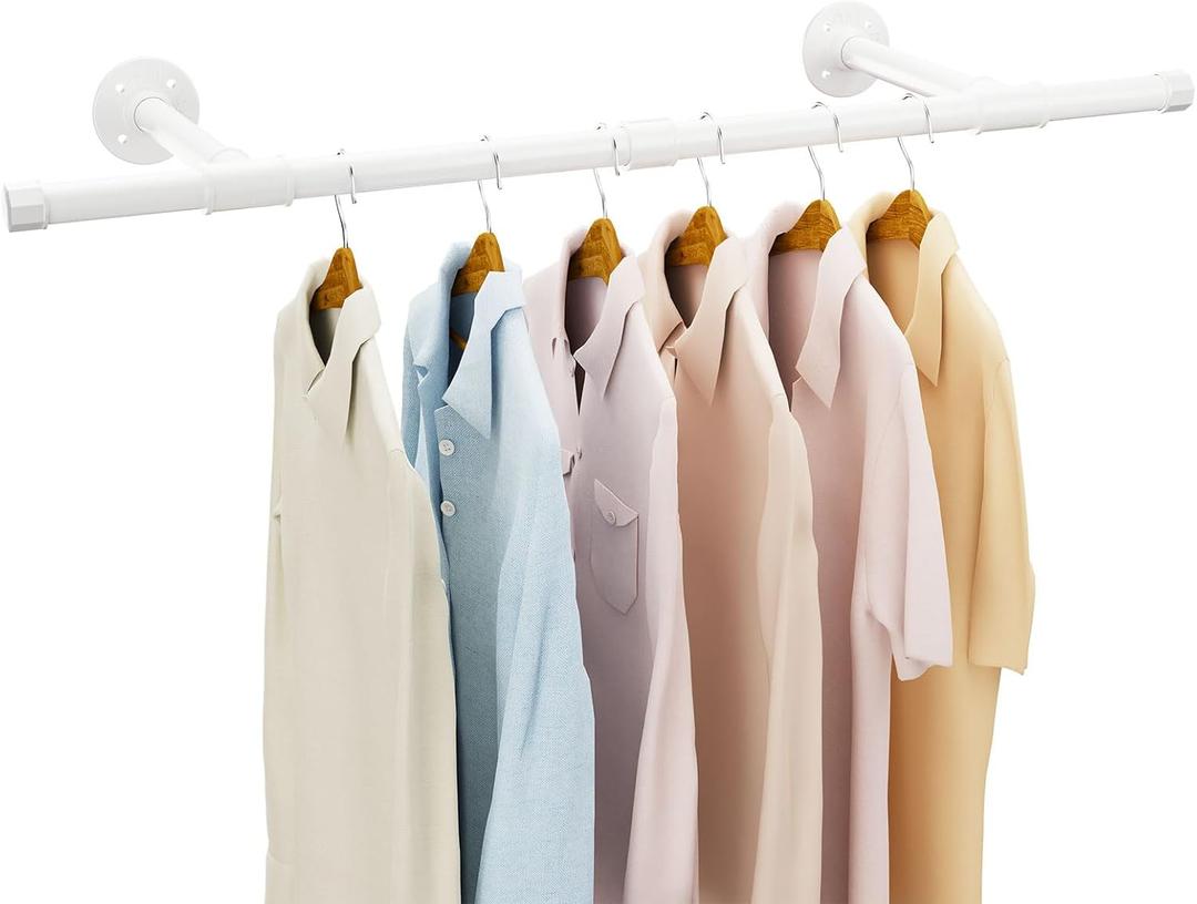 IBUYKE Industrial Pipe Clothes Rack, 37 Inch Wall Mounted Clothing Rack, Space-Saving Hanging Closet Rod, Heavy Duty Multi-Purpose Garment Rack for Closet and Laundry Room, White TYJ006W