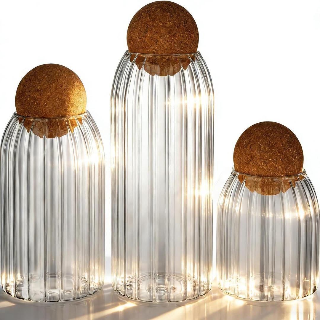 Glass Jar Set of 3 - Airtight Sealed Cork Lids, Round Bottles for Coffee Beans, Nut Storage, Canisters with Wooden Cork & Ball Lids, Glass Containers