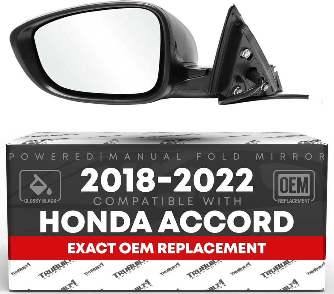 Driver Side Mirror Replacement - Compatible with 2018-2022 Honda Accord - Powered Adjustment, Manual Fold, Flat Glass - Smooth Black, 8H3P - OEM 76258TVAA02, 76251TVAA01ZJ, HO1320328