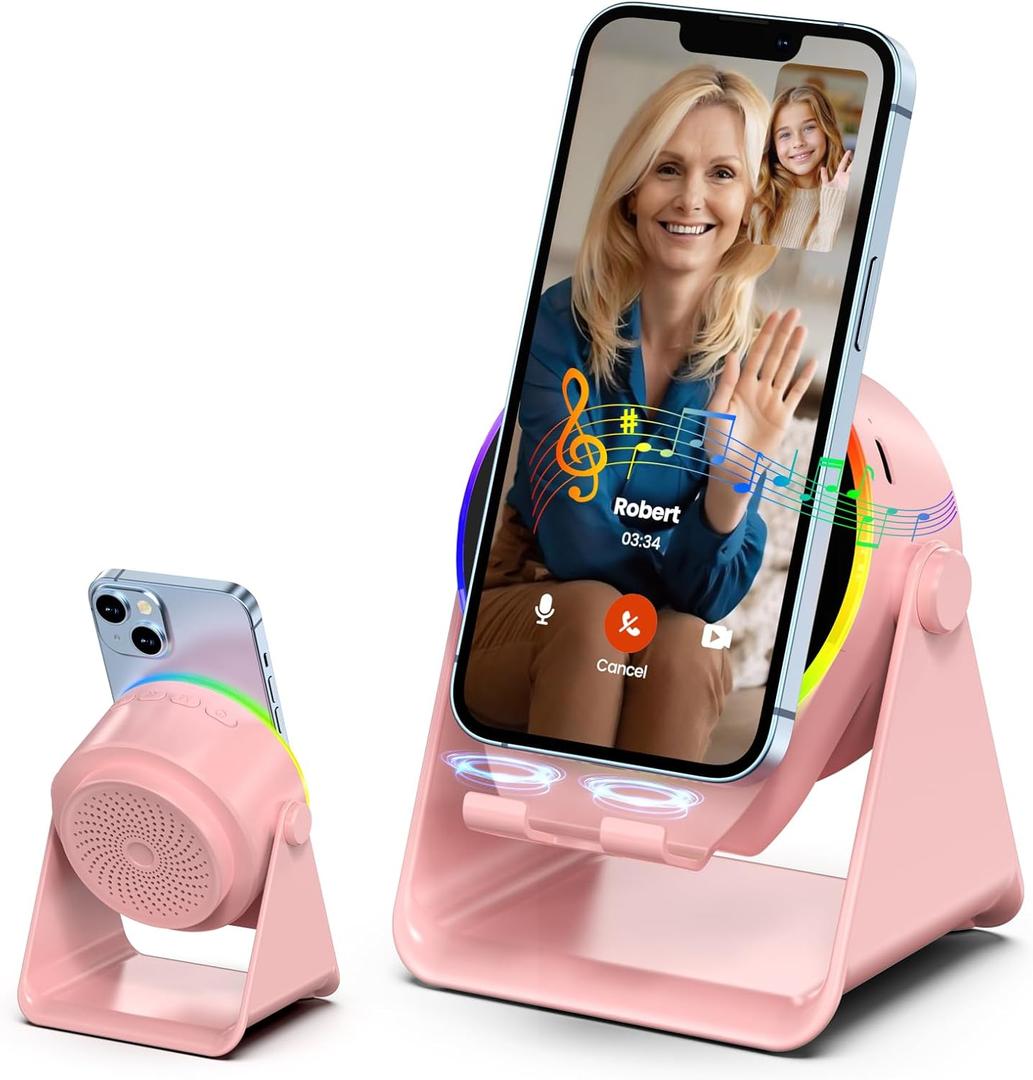 Wireless Induction Speaker, 4 in1 Phone Stand Bluetooth Speaker Amplifier with Colorful Ambient Light 360 Rotation Holder for Tablet iPhone Android,Portable Birthday Gifts for Adults Teens (Pink)