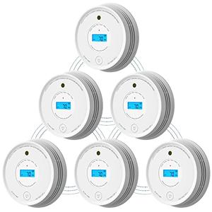 AEGISLINK Smoke Carbon Monoxide Detector, Interlinked Combination Smoke CO Alarm, Battery Powered, Wireless Interconnected, Digital Display, SC-RF220, 6-Pack