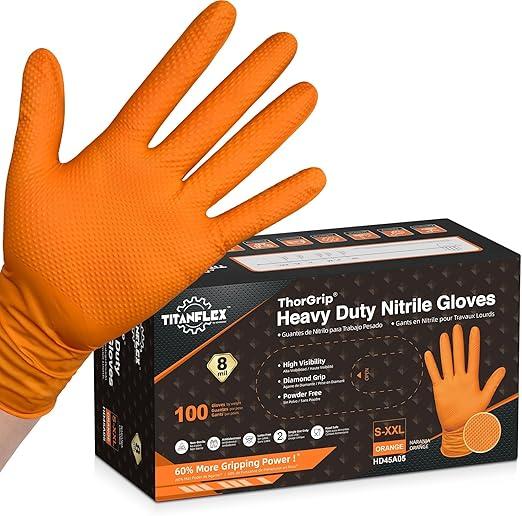 TitanFlex Heavy Duty Industrial Orange Nitrile Gloves, 8mil, Gloves Disposable Latex Free with Raised Diamond Texture Grip, Powder Free, Rubber Glove, Mechanic Gloves,100ct Box (Large)
