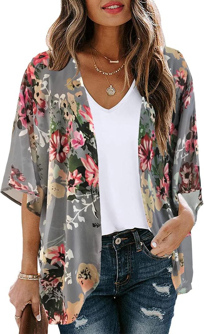 Women's Floral Print Puff Sleeve Kimono Cardigan Loose Cover Up Casual Blouse Tops (Aa Dark Grey), S