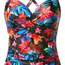 Women Tankini Bathing Suit Top - Twist Front V Neck Swim Top Only Ruched Tummy Control No Bottom 2025 (Medium, Red Flower)