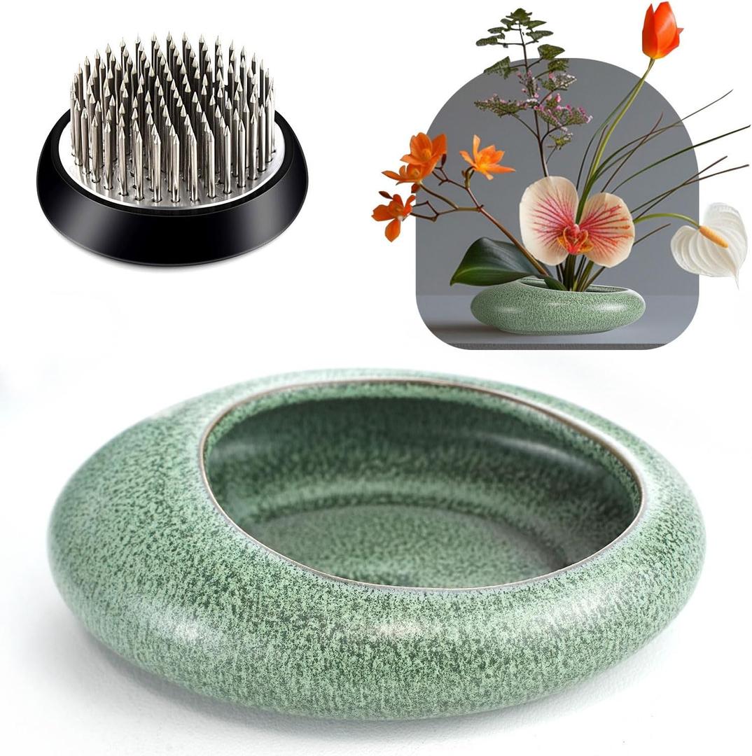 Flower Frog Vase Kit, Ikebana Flower Arrangement Ceramic Water Drop Flower Pot Flower Frog Flower Arrangement Vase Kit (Green Small Size)