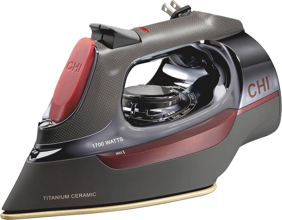 CHI Steam Iron for Clothes with 8 Retractable Cord, 1700 Watts, 3-Way Auto Shutoff, 400+ Holes, Professional Grade, Temperature Control Dial, Titanium Infused Ceramic Soleplate, Black/Chrome (13109)