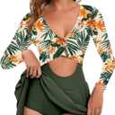 NESY Long Sleeve Swimsuits for Women Rash Guard V Neck One Piece Bathing Suit Swim Dress Woman Swimwear Swimdress UPF 50+ (Green, XXL)