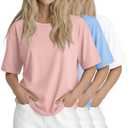 Huukeay 3 Pcs Womens Half Sleeve Top Elbow Length T Shirt Women Round Neck Basic T Shirt Summer Casual Blouses(Large,Coral Pink, Sky Blue, White)