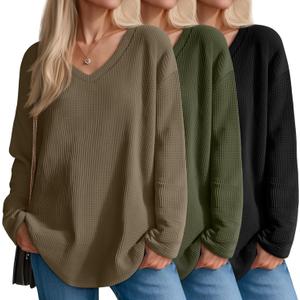 3 Pack Women's Oversized Waffle Knit Shirts, V Neck Long Sleeve Top Fall Casual Sweatshirt for Women (X-Large, Black, Army Green, Coffee)