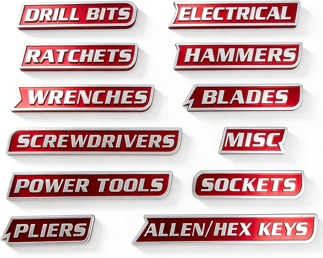 Magnetic Tool Box Labels, Reusable Heavy Duty Magnetic Toolbox Labels for Garage, Workshop, Storage Bins, 12 Pcs/Red (Extra-thick)